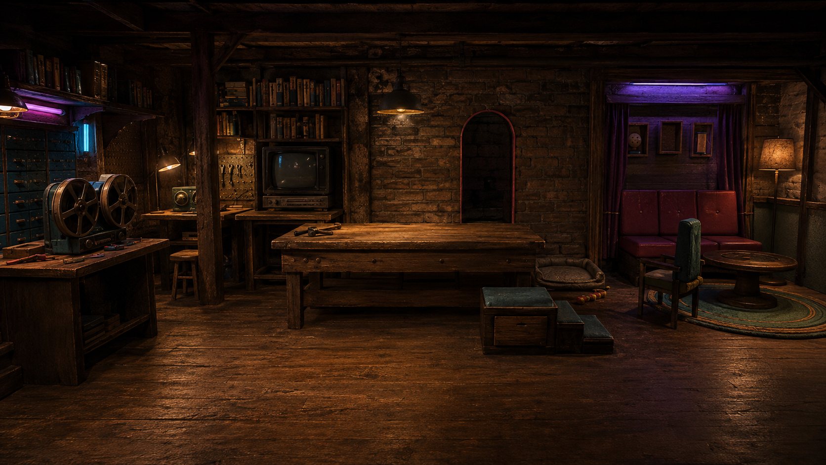 An empty workshop set: a scarred workbench, a CRT television on an archive shelf, a sitting nook, and one wall-inset arched receiver, unlit.